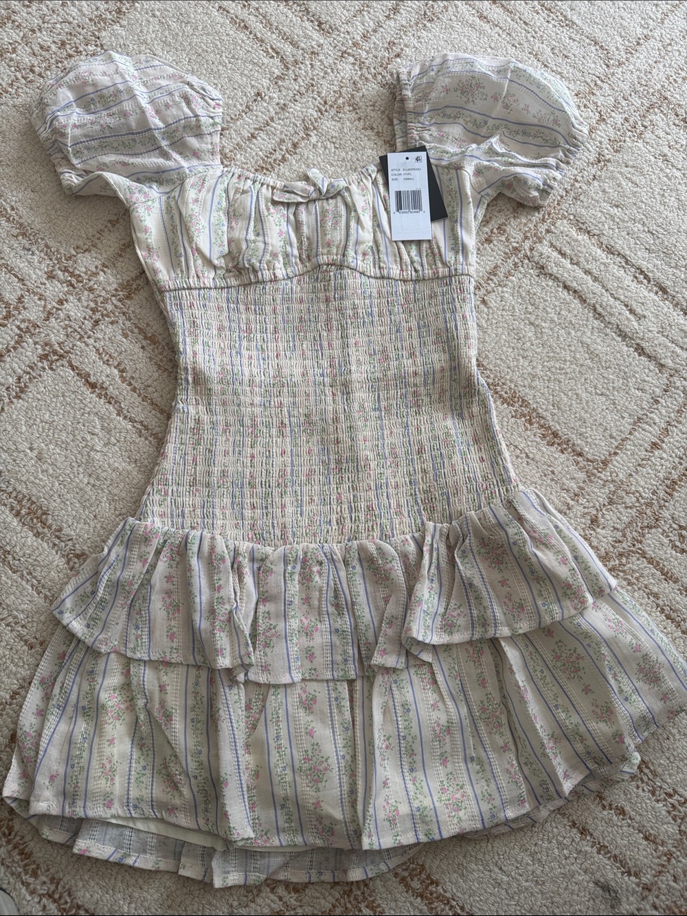 Katie J NYC Cream Floral Stripe Smocked Ruffle Dress